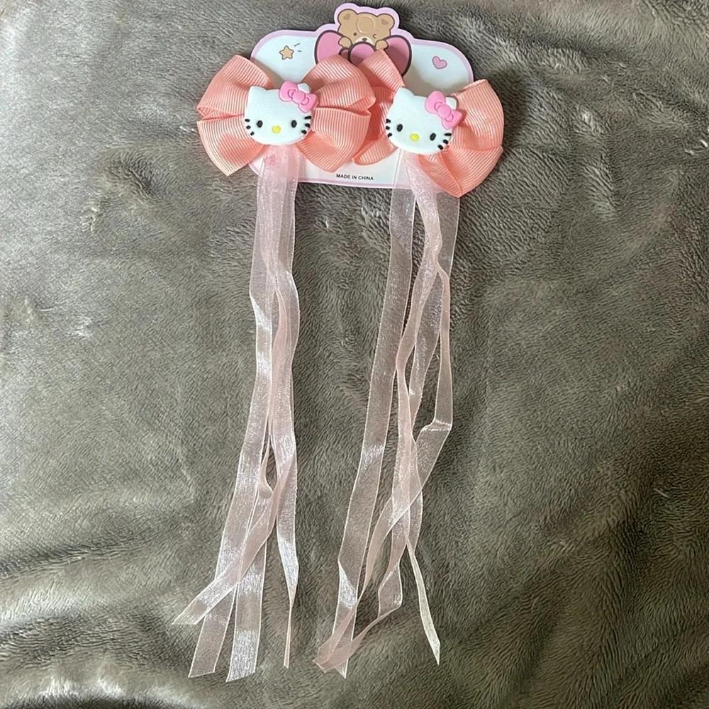 Hello Kitty Peach Hair Bows set of two with streaming ribbons NWT